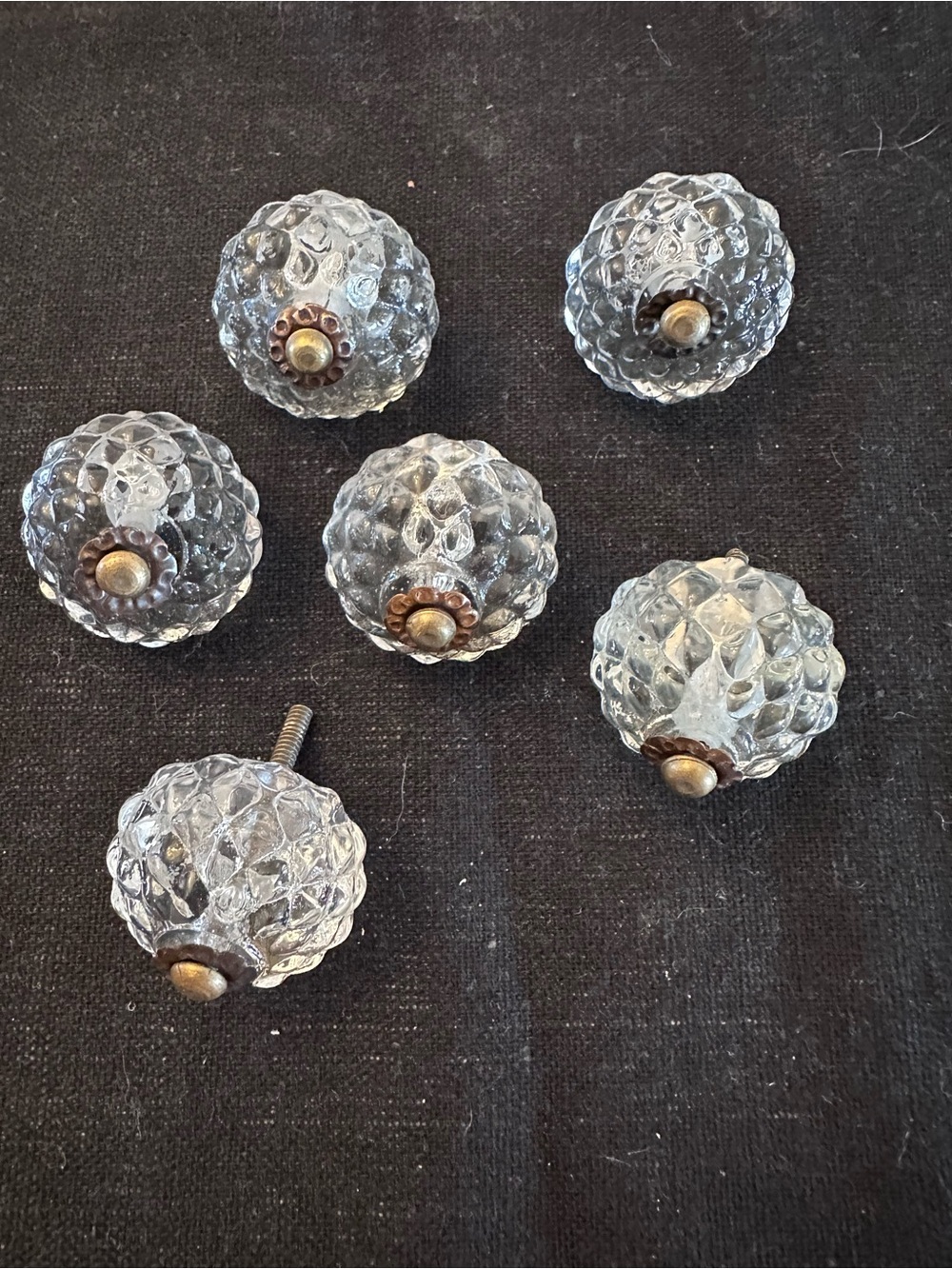 Set of 6 Clear Glass Honeycomb Cabinet Knobs with Brass Accents